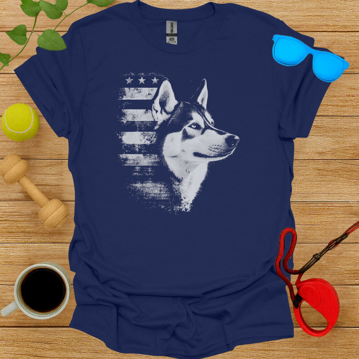 Patriotic Husky Graphic Tee with American Flag product