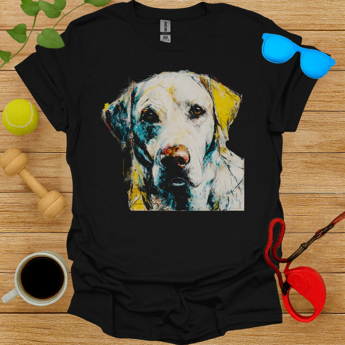 Colorful Artistic Dog Print on Black T Shirt Product