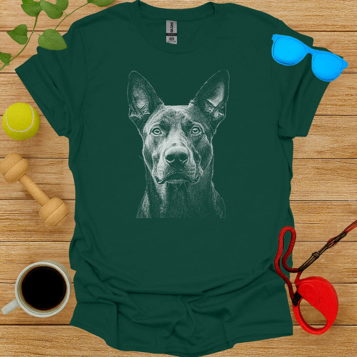Detailed Dog Sketch Graphic on Green T-Shirt