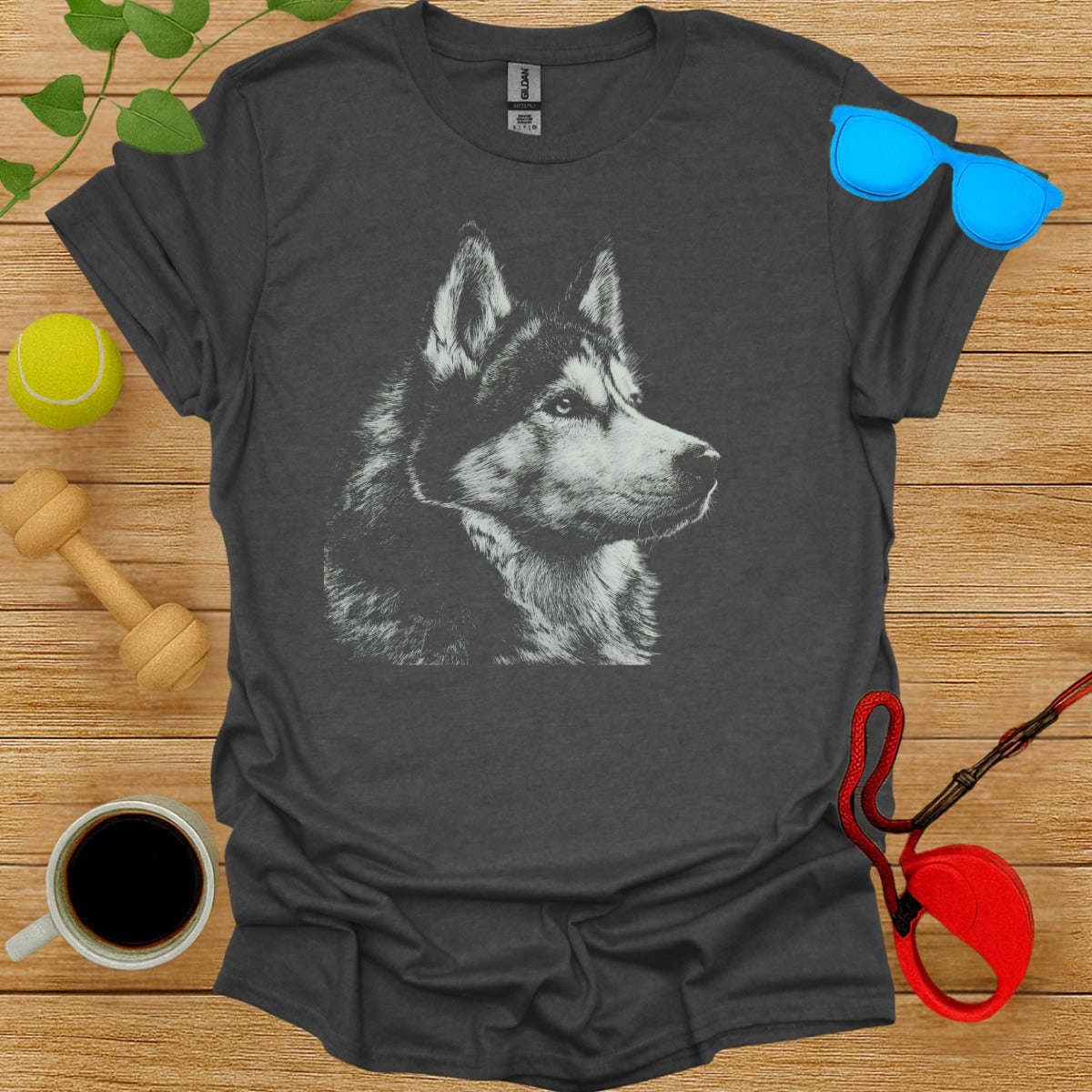 Husky Dog Graphic Print Charcoal Gray T-Shirt