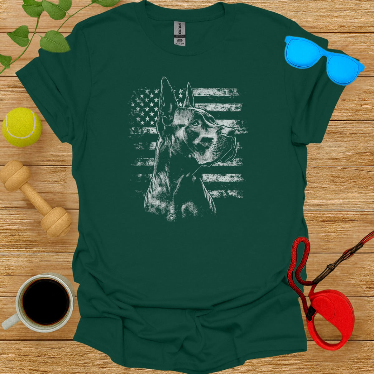 Patriotic Dog Graphic Tee American Flag Print Shirt