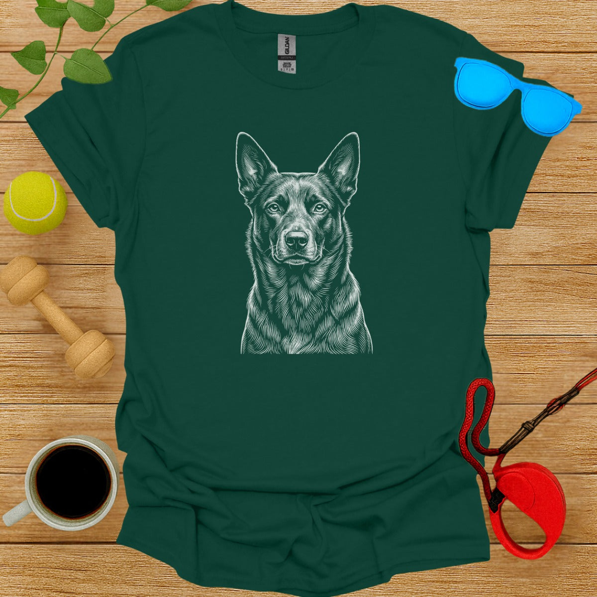 Green T-Shirt with Detailed Dog Illustration Design