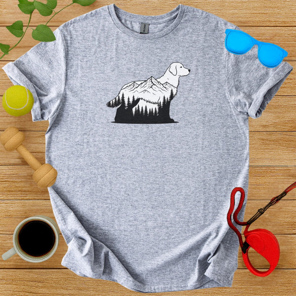Dog Silhouette and Mountain Print Grey T-Shirt