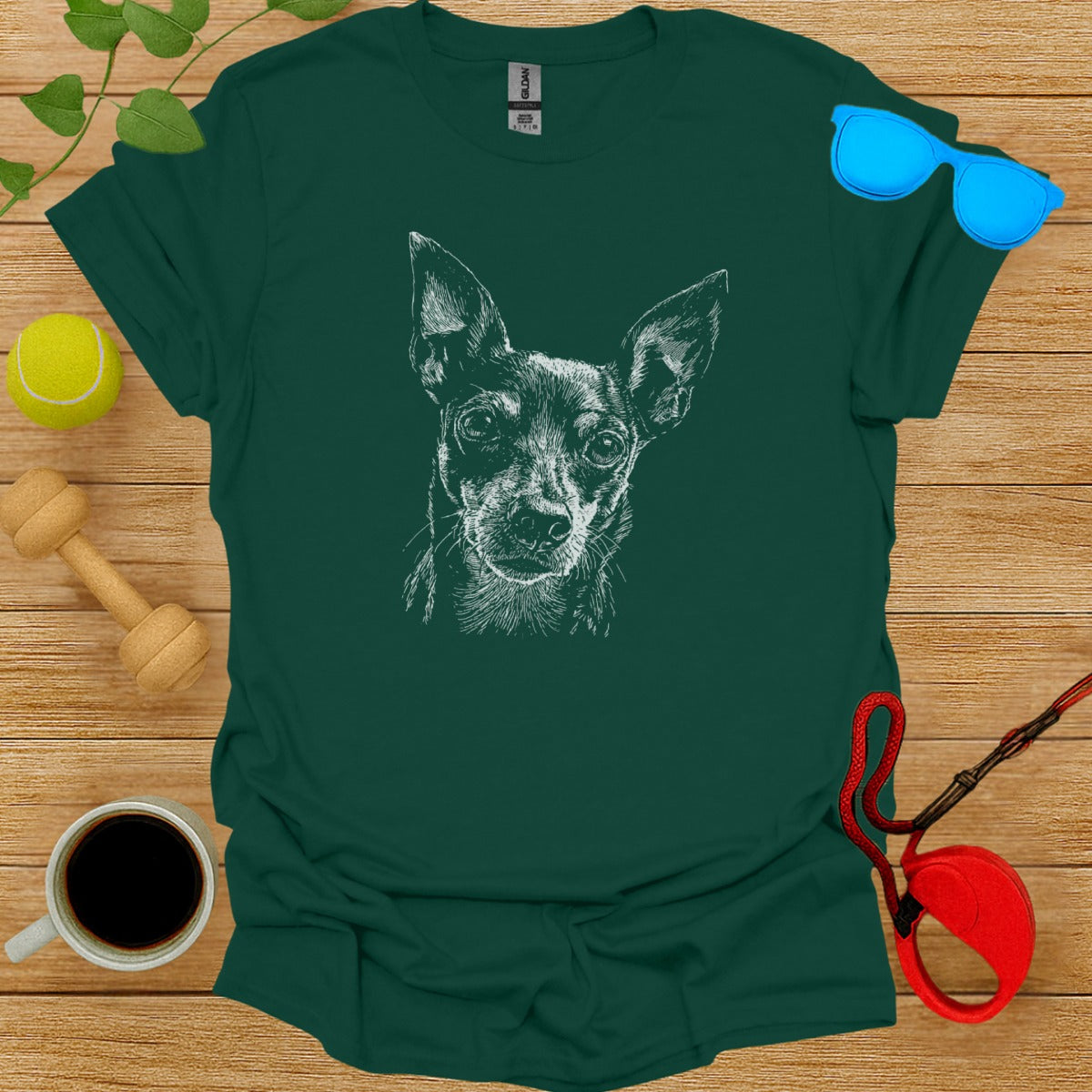 Hand Drawn Dog Illustration on Green T-shirt
