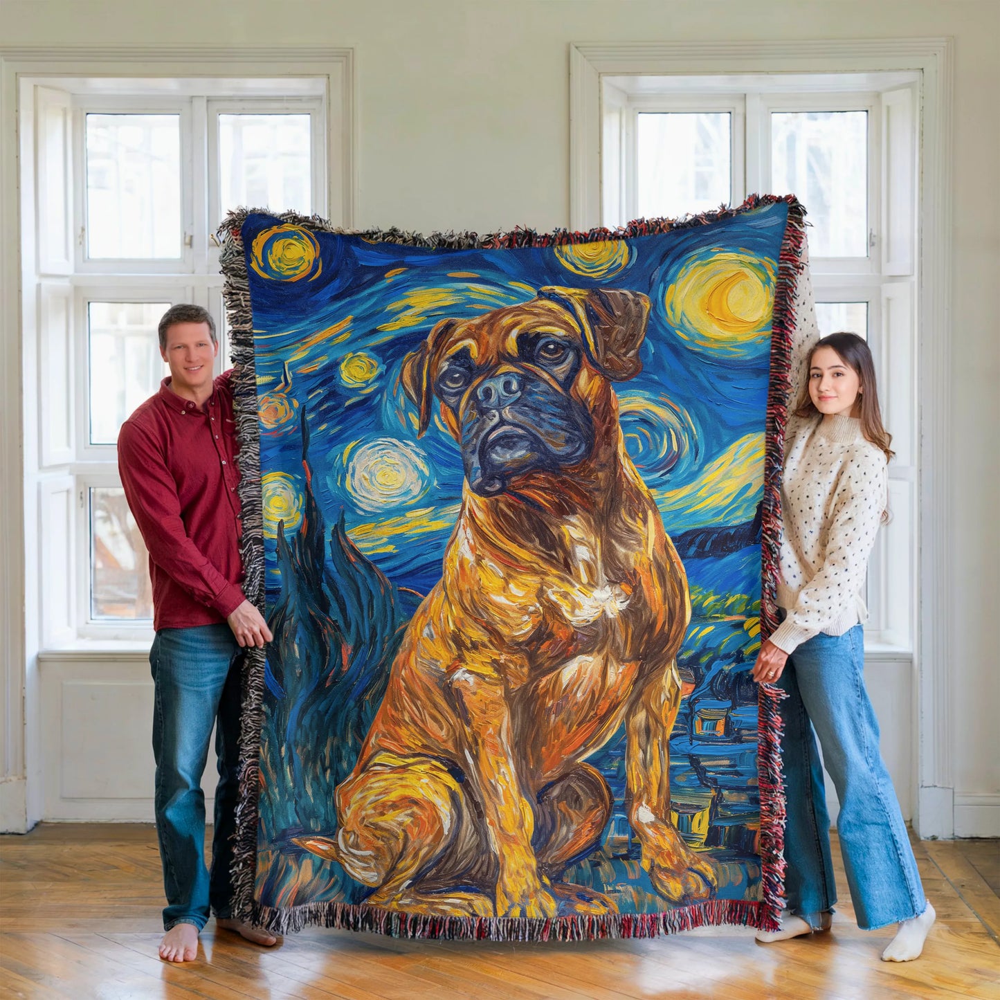 Boxer Dog Starry Night Woven Blanket-Critter Lane
