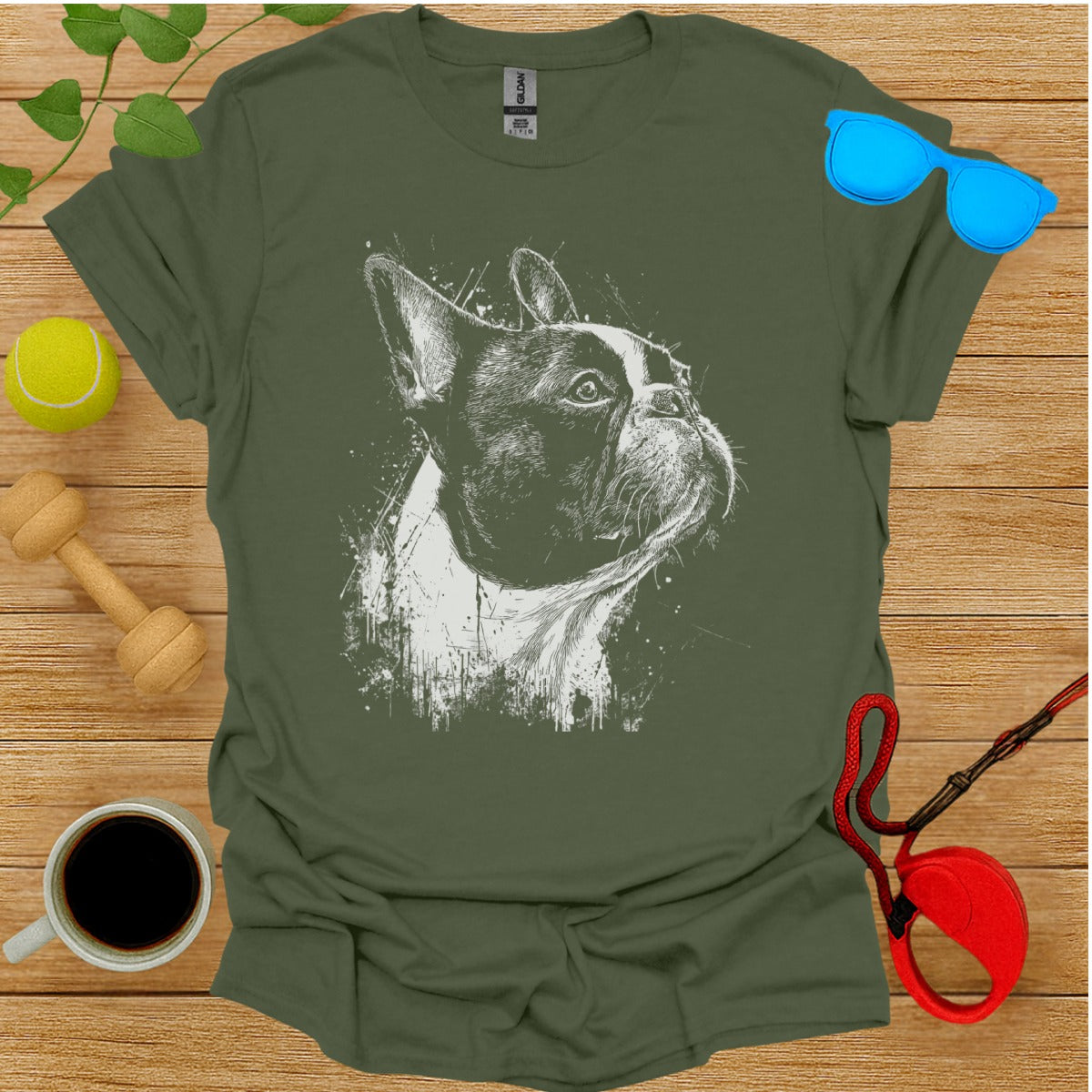 Graphic Bulldog Art Printed Olive Green T-shirt