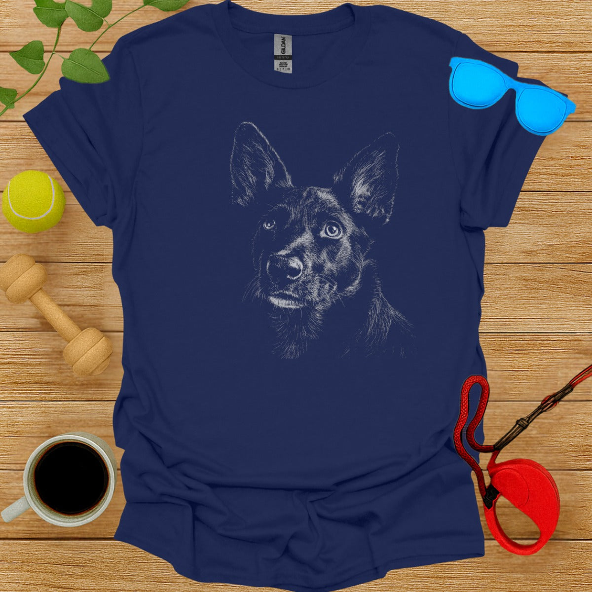 Blue T Shirt with Detailed Dog Illustration Design