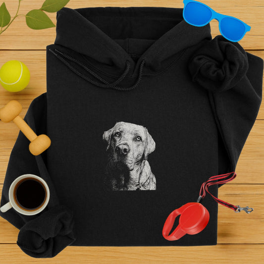 Black Hoodie with Detailed Dog Sketch Design