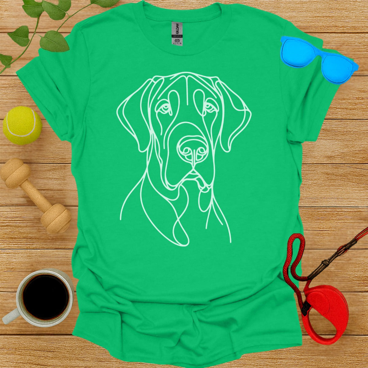 Green T-Shirt with Artistic Dog Face Line Drawing Design