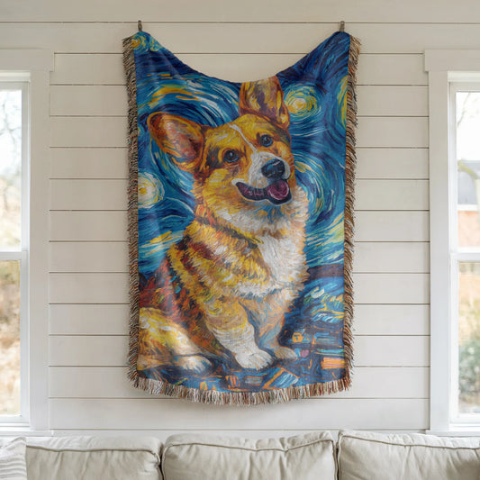Corgi Starry Night Woven Blanket-Critter Lane