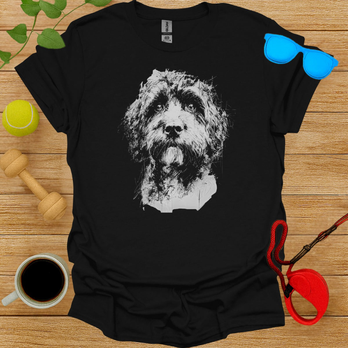 Graphic Tee with Hand Drawn Dog Face Illustration