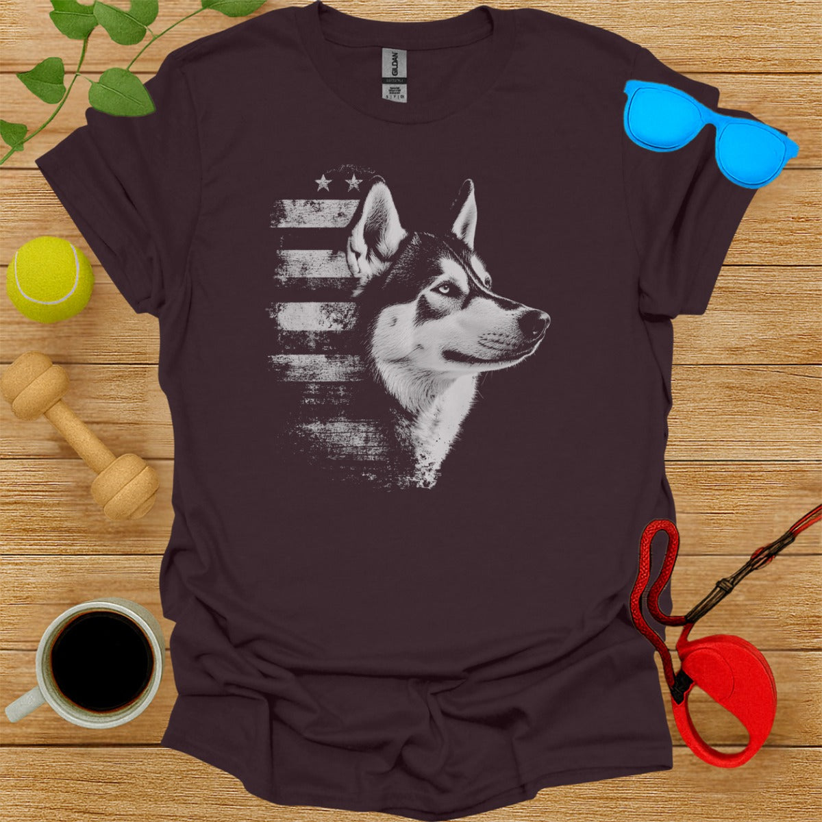 Patriotic Husky with American Flag Design T-Shirt