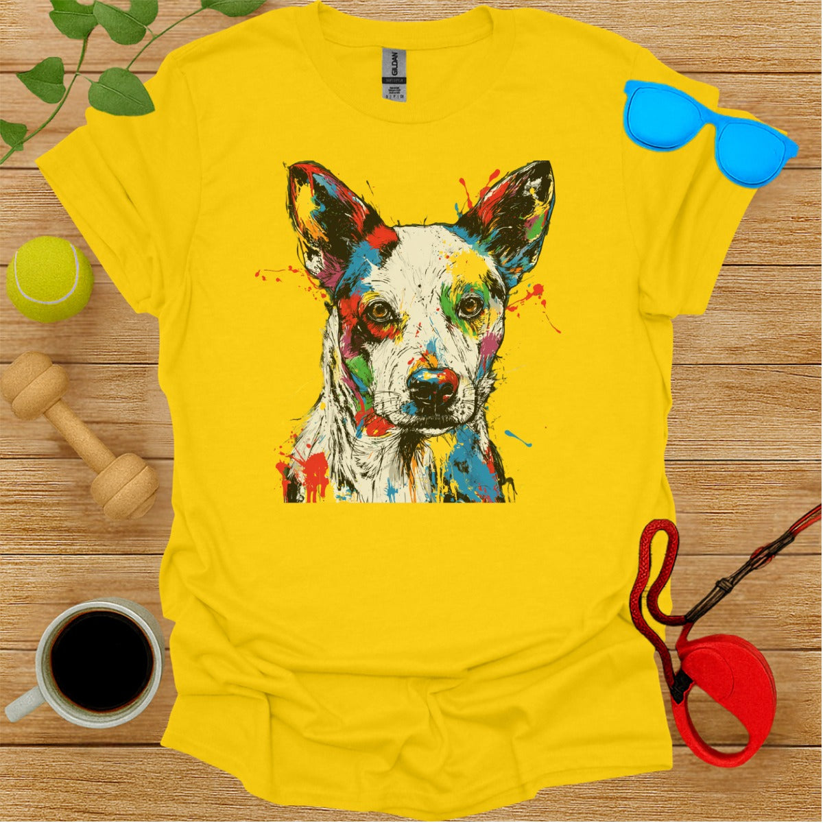 Colorful Artistic Dog Print on Yellow T-shirt