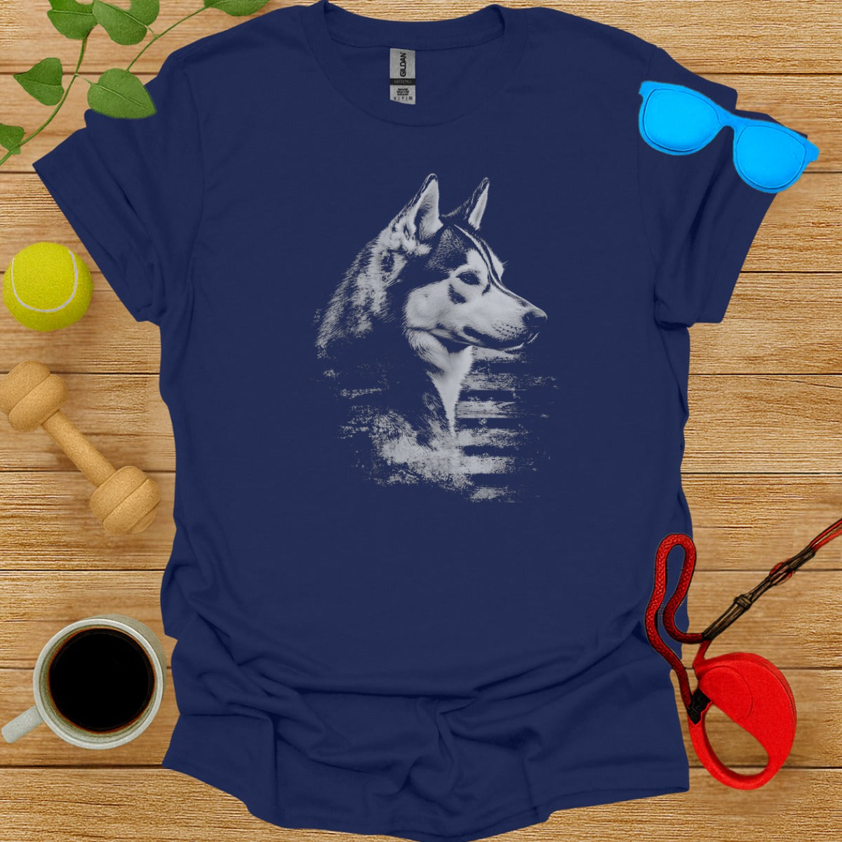 Stunning Artistic Husky Dog Design on Navy Blue Shirt