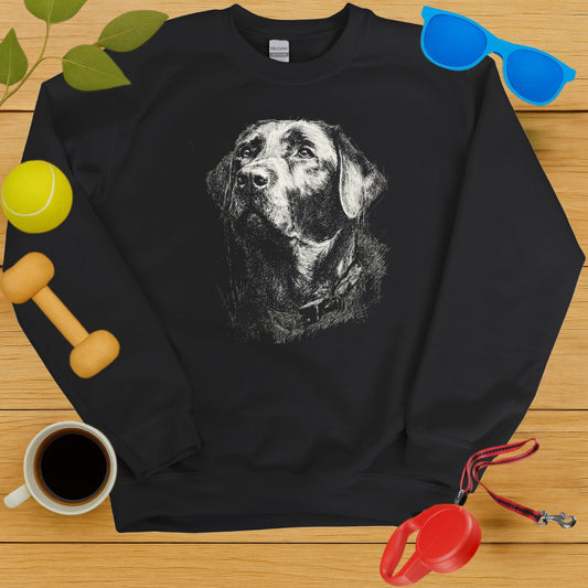 Detailed Sketch of a Pensive Dog on a Black Sweatshirt