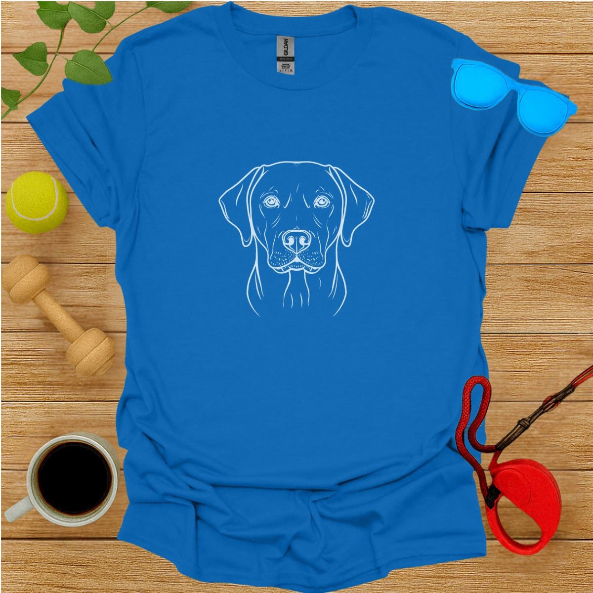 Blue T-shirt Featuring Detailed Dog Line Drawing Design