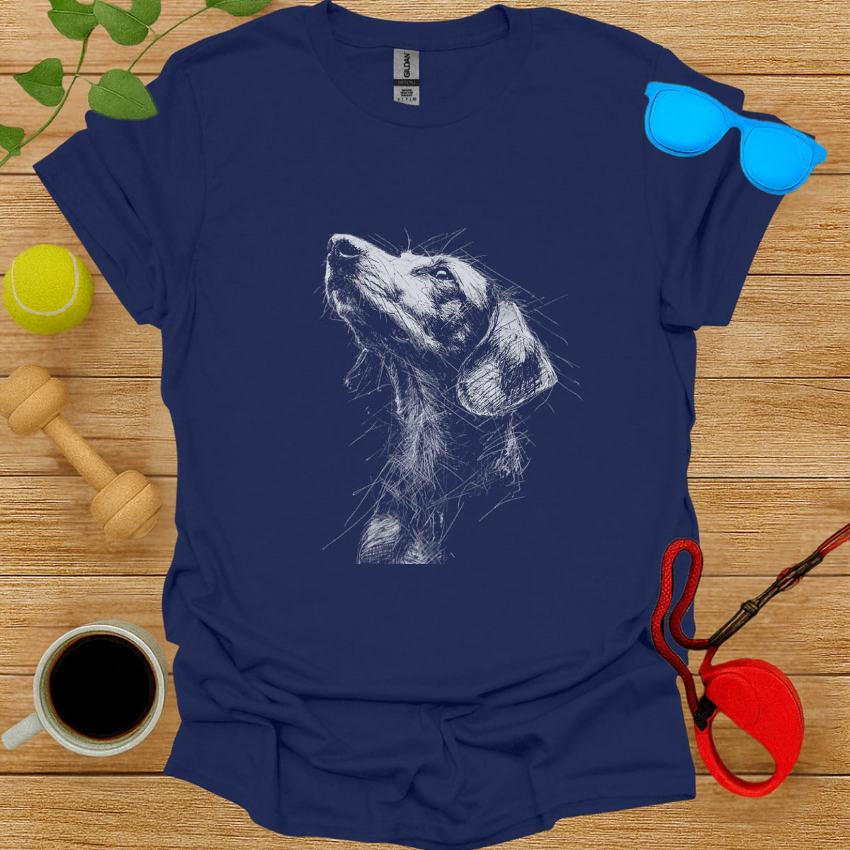 Artistic Dog Sketch Print on Dark Blue T-shirt