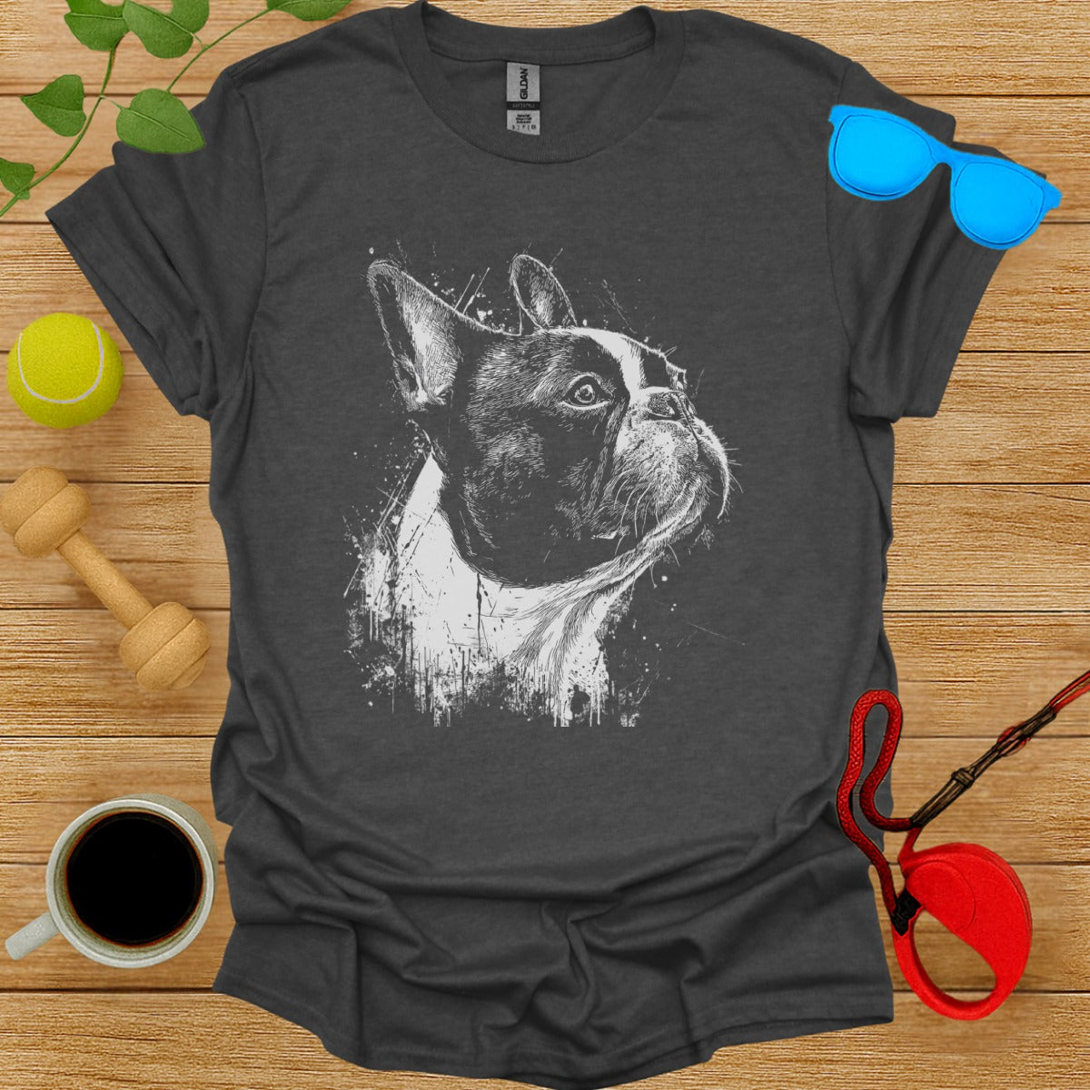 Detailed Boston Terrier Artwork Graphic Tee Shirt