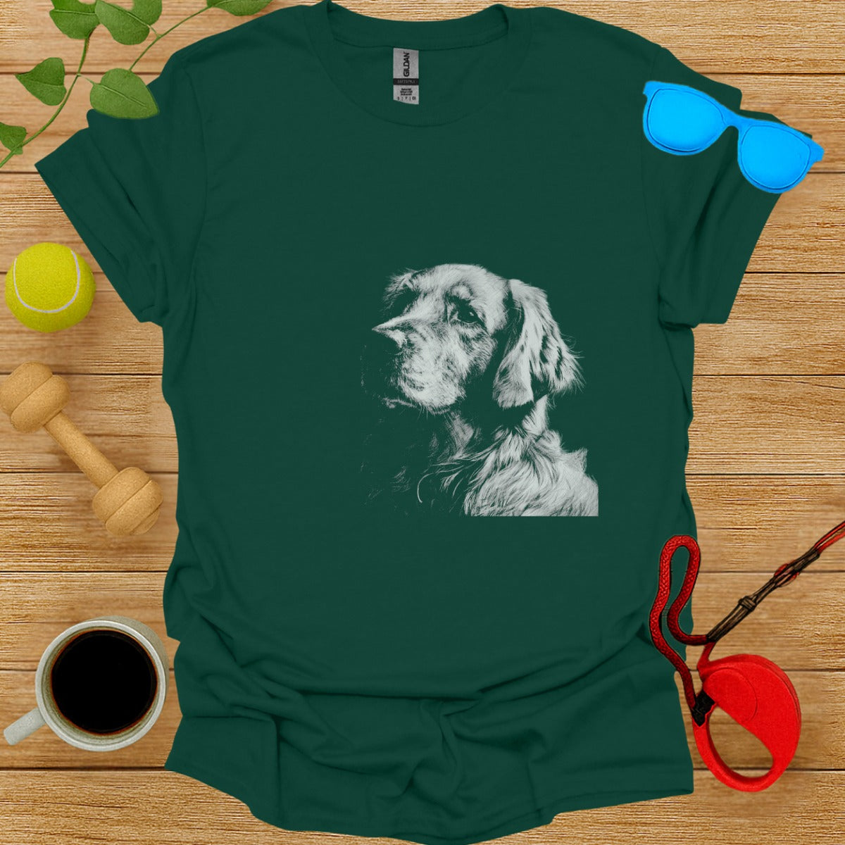Green T-Shirt with Detailed Dog Portrait Casual Top