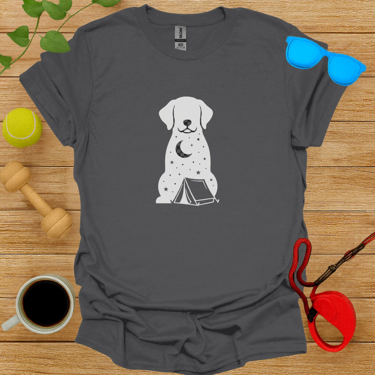 Dog Camping Graphic T-Shirt with Night Sky Design