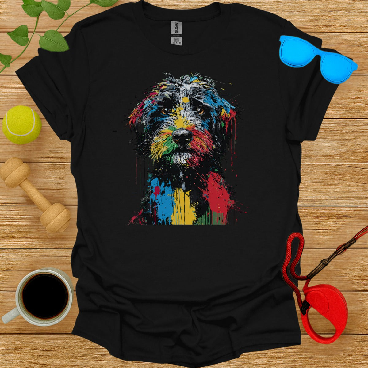 Colorful Artistic Dog Design Black T-Shirt Product