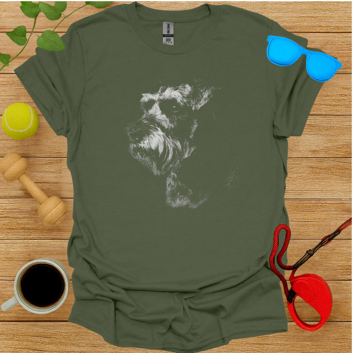 Stylish Green Unisex Tee with Schnauzer Graphic Design