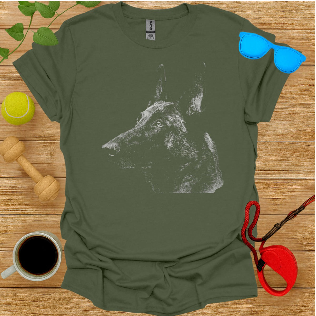 Artistic Dog Head Graphic Design on Olive Green Shirt