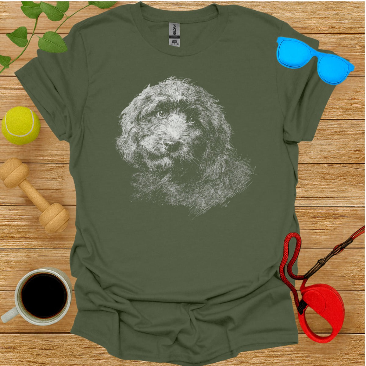 Adorable Dog Graphic Design on Olive Green Shirt