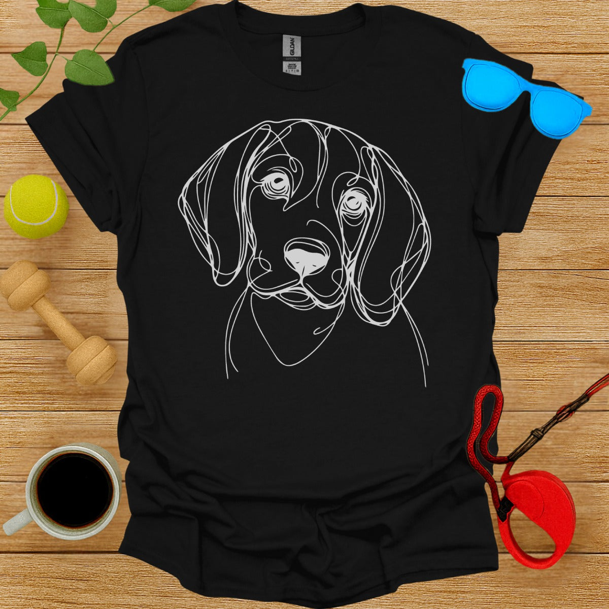 Black T-Shirt with Minimalist Dog Line Drawing Design