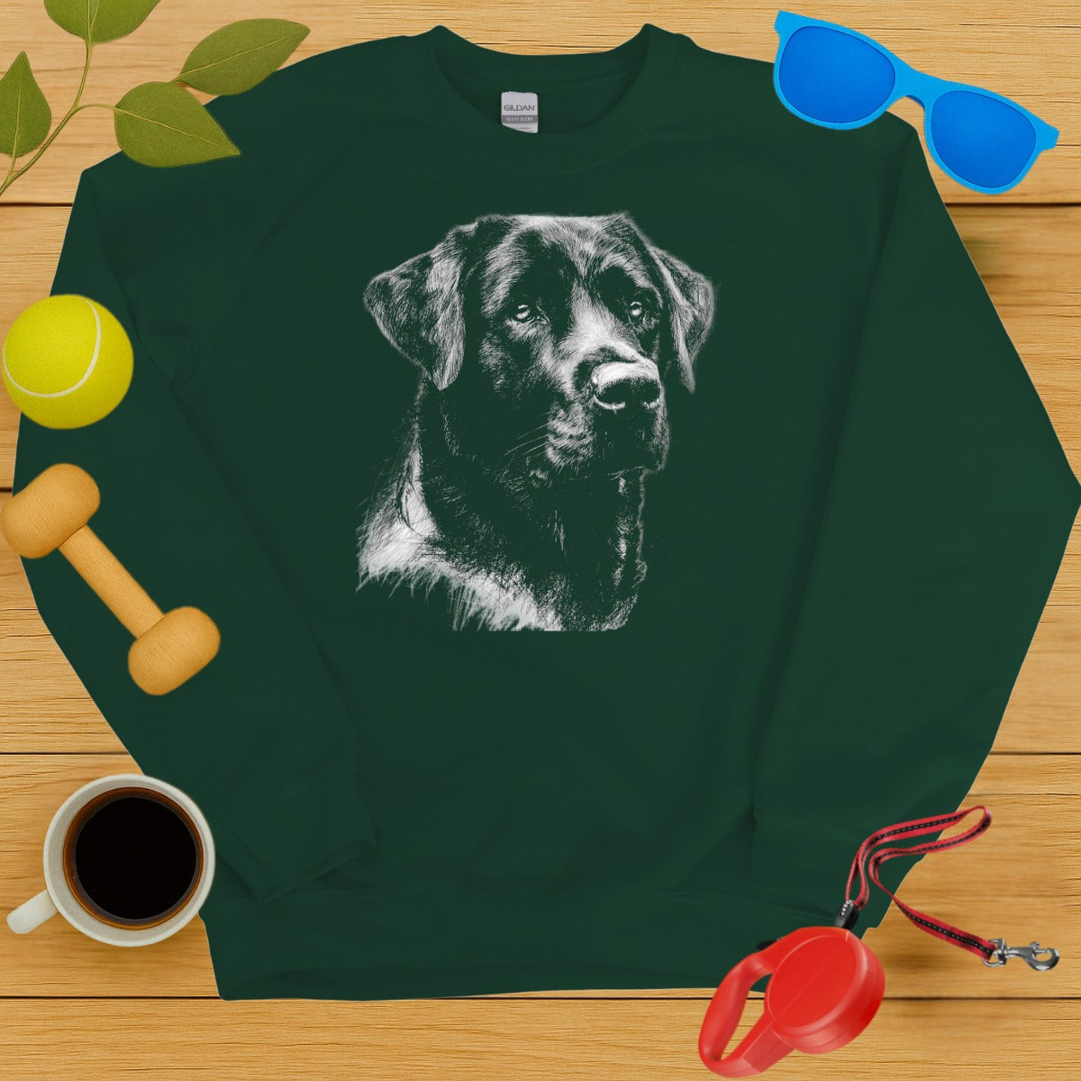 Realistic Dog Portrait Design on Green Sweatshirt