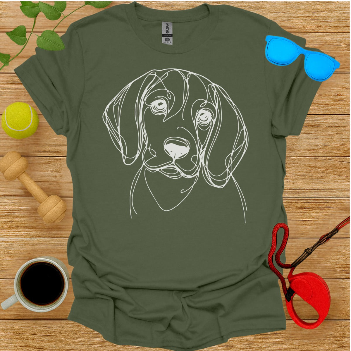 Adorable Dog Line Art Print on Green Shirt Product