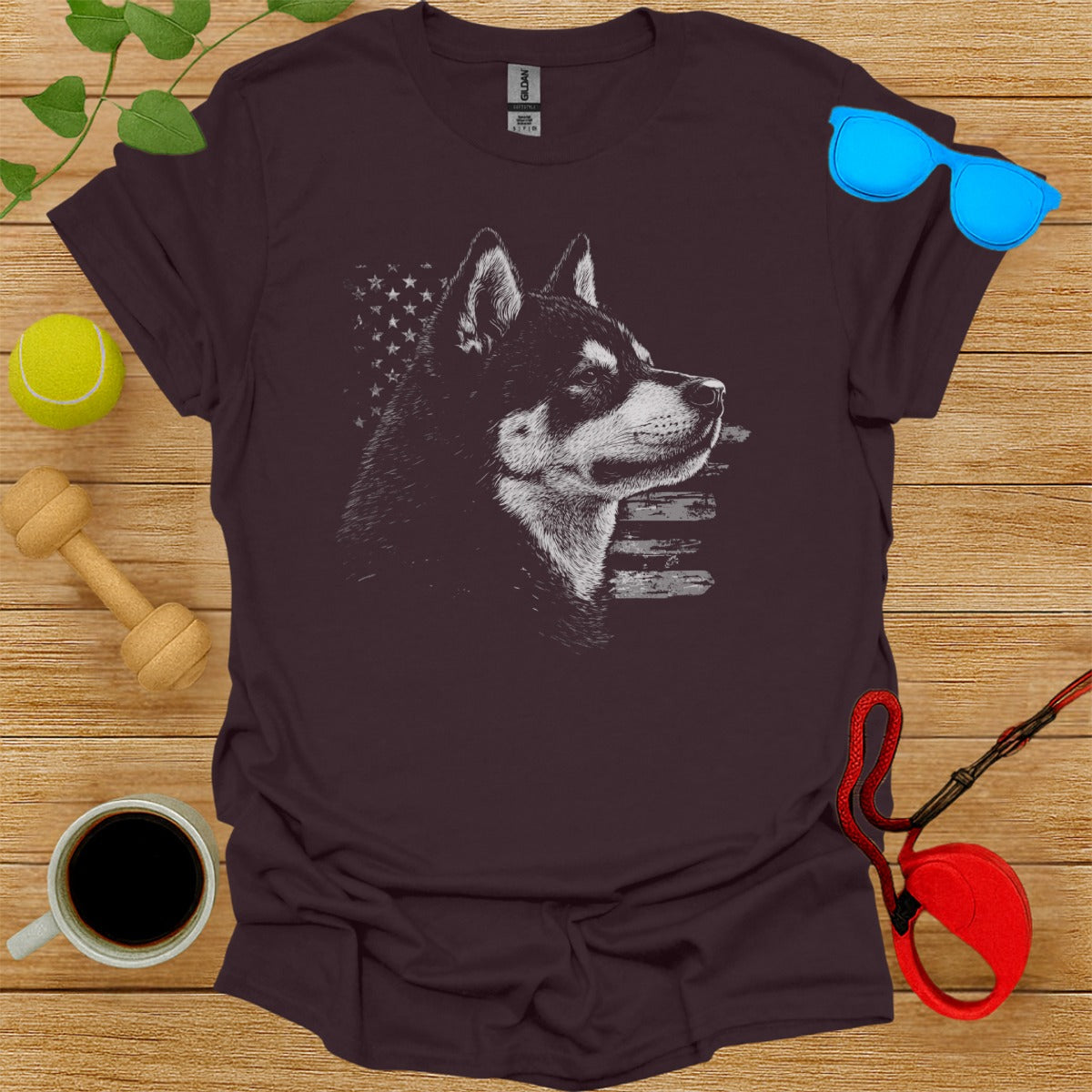 Artistic Husky Silhouette with American Flag Shirt