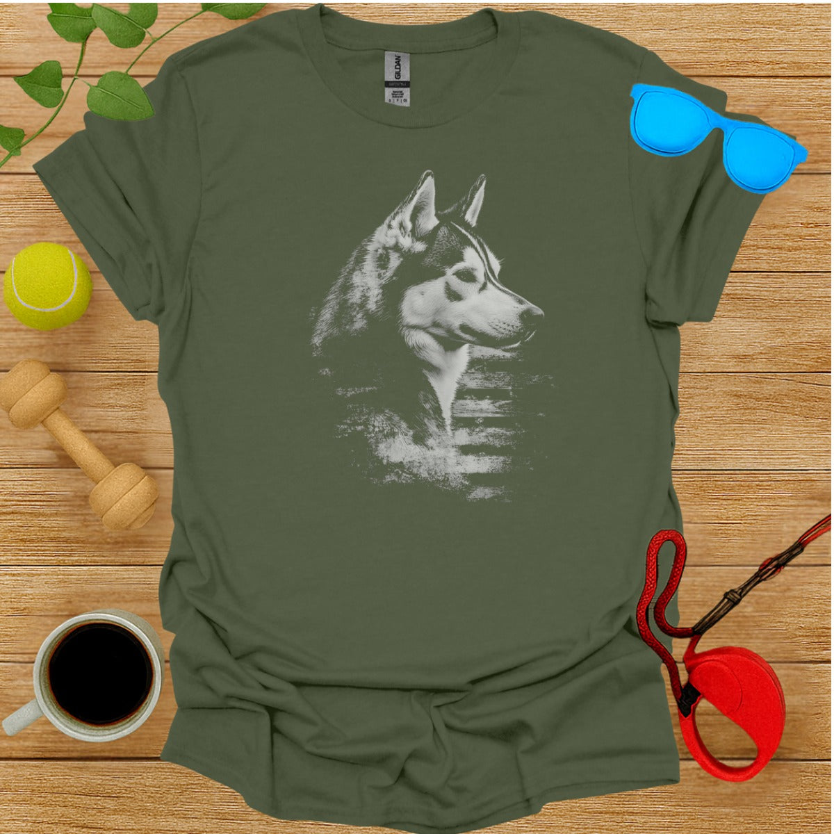 Huskie Dog Graphic Print Green T-shirt for Pet Lovers