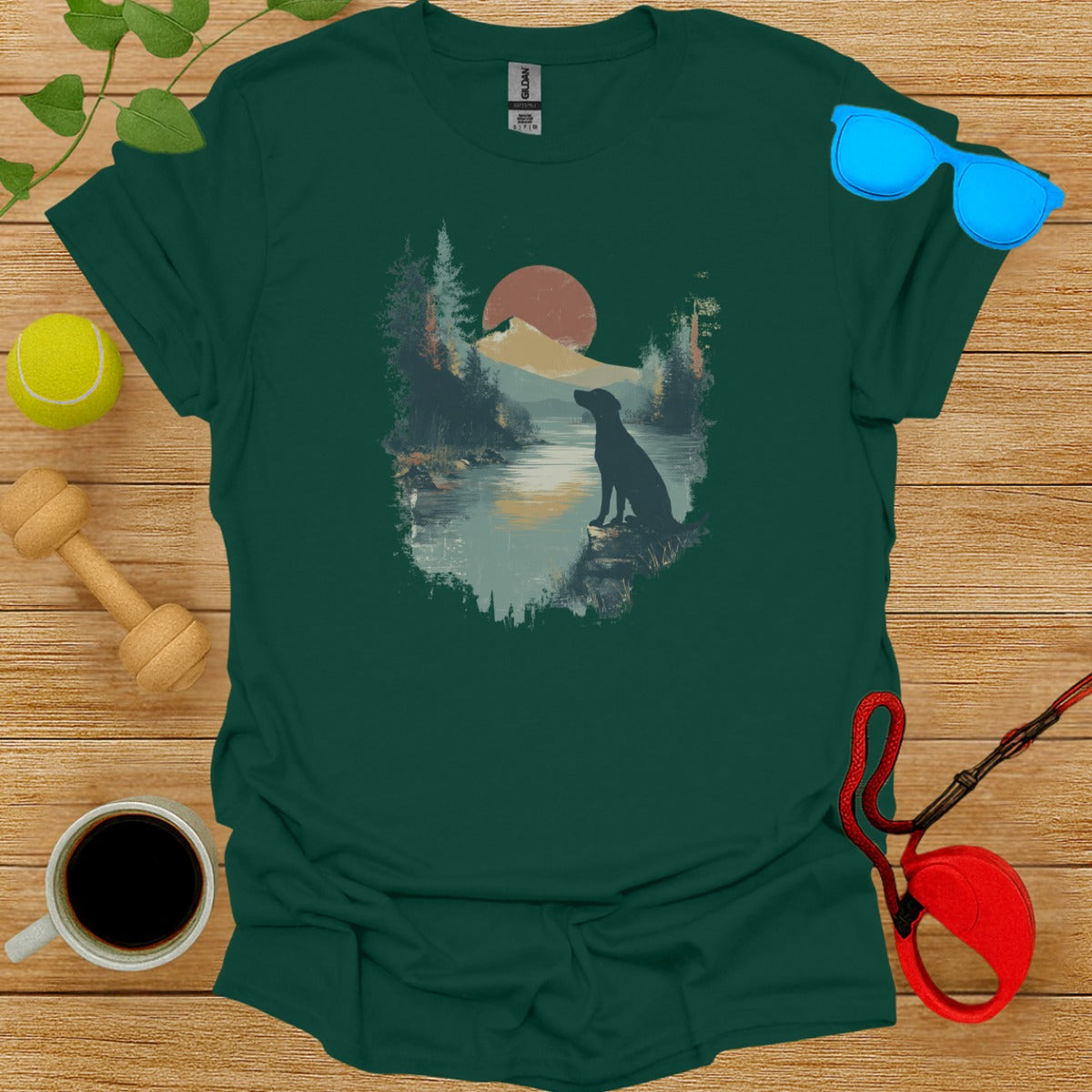 Scenic Nature Silhouette Dog T-shirt for Outdoor Enthusiasts