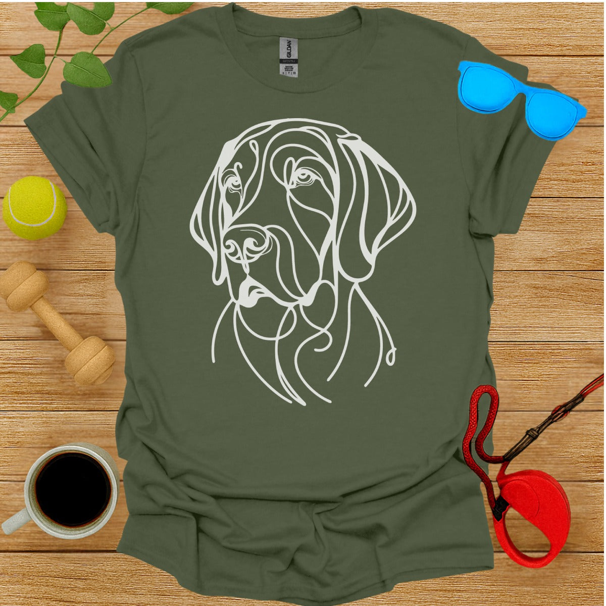Artistic Dog Line Art Design on Green T-Shirt product