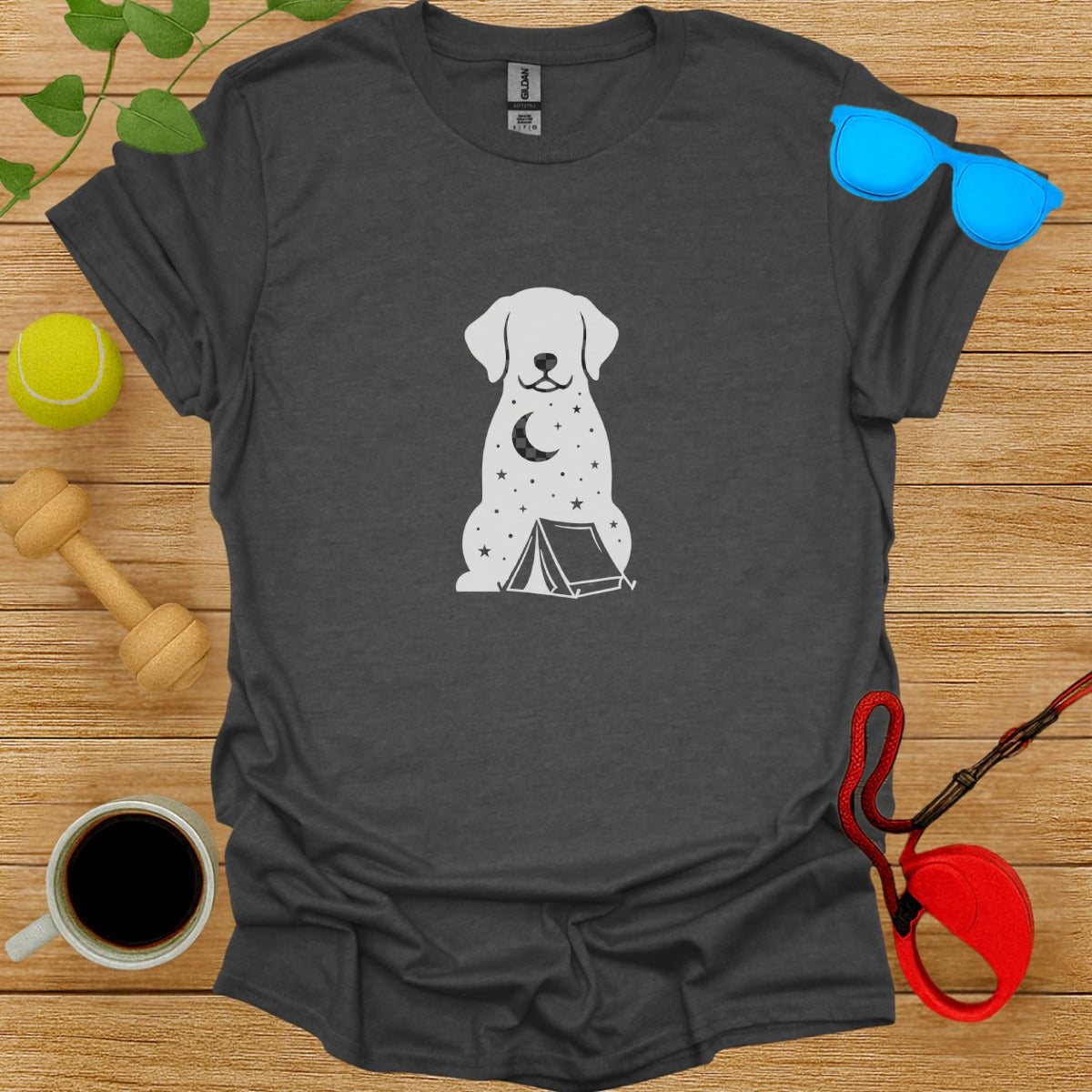 Dog and Tent Graphic Design T-Shirt for Outdoor Lovers