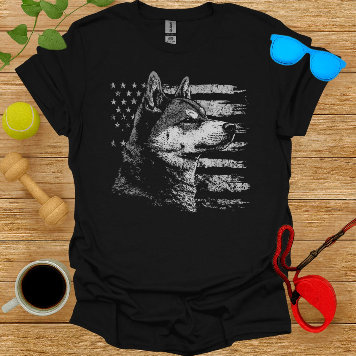 Patriotic Husky Dog with American Flag Graphic Tee