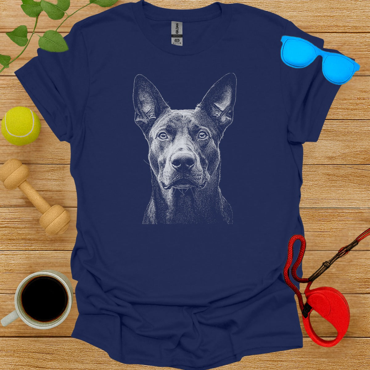 Blue T-Shirt with Charcoal Dog Sketch Print