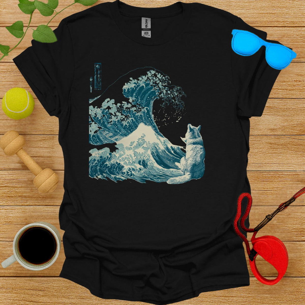 Great Wave and Fox Artwork Printed Black T-Shirt