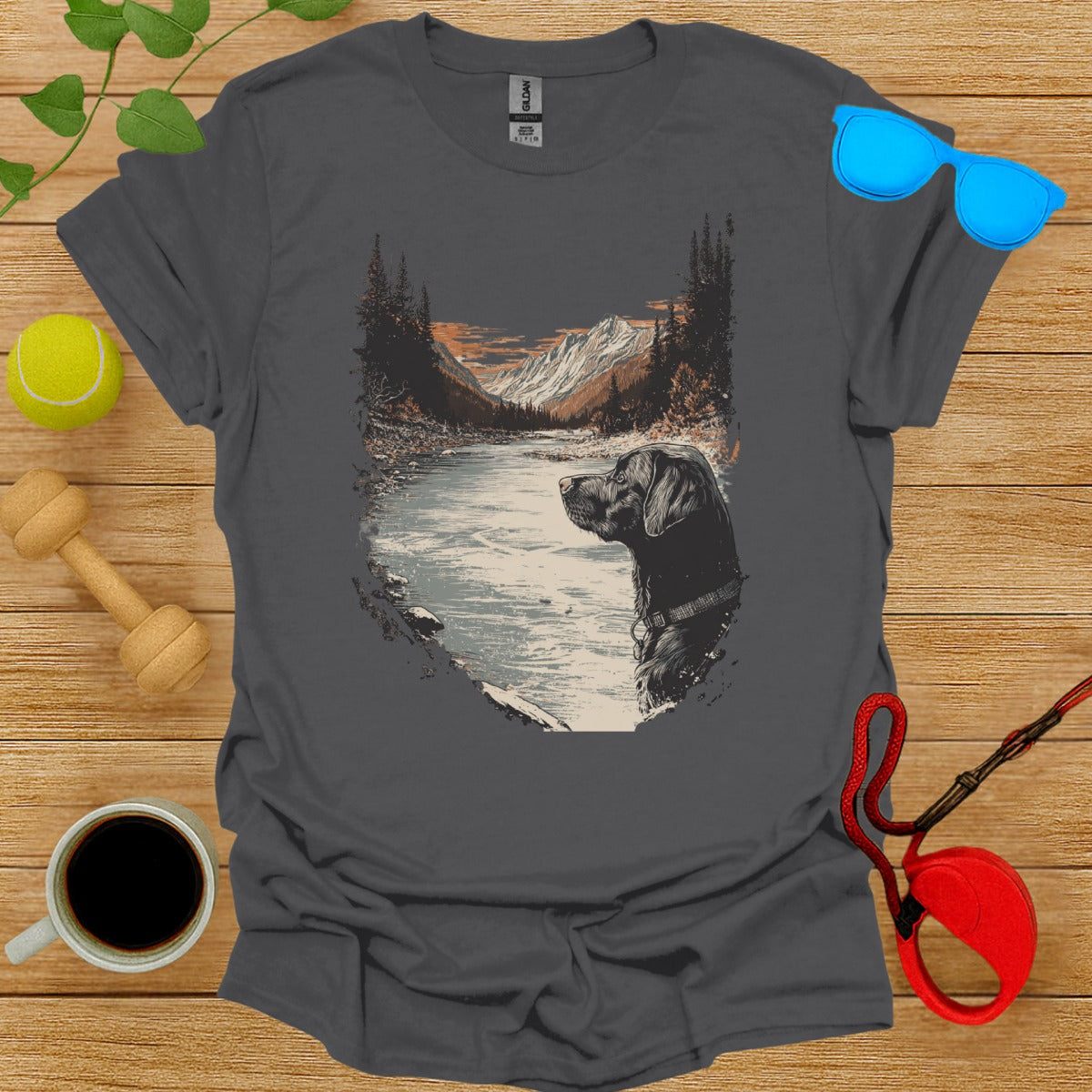 Serene Mountain River with Dog Scene Shirt