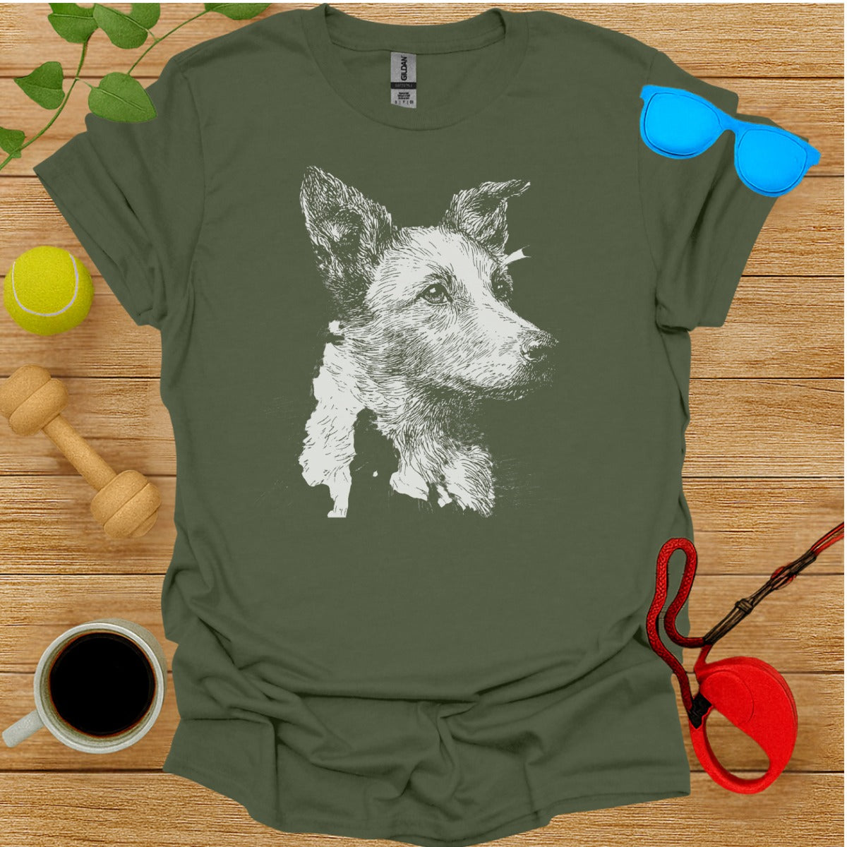 Beautifully Designed Dog Art on Green Tee