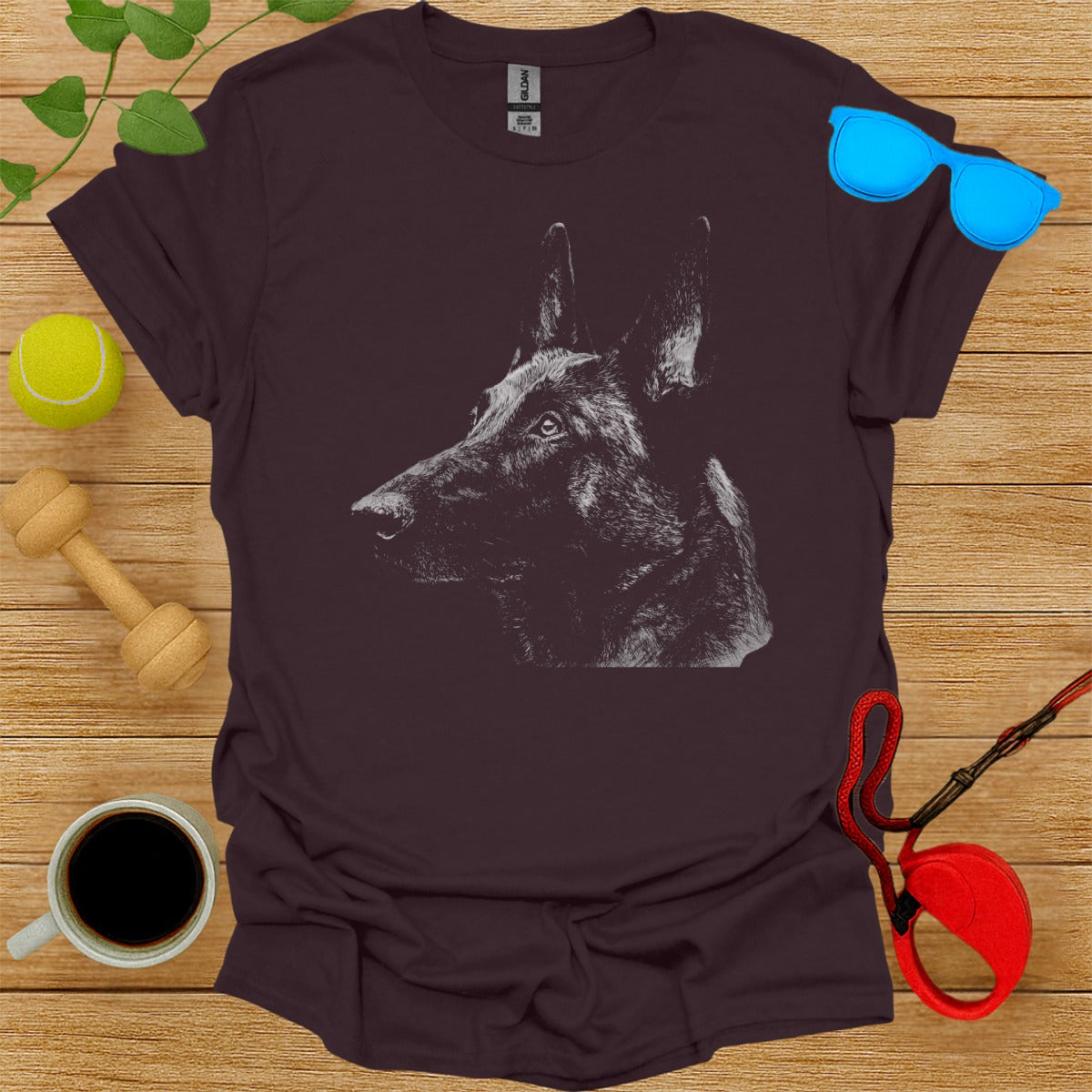 German Shepherd Illustration on Dark Brown Shirt