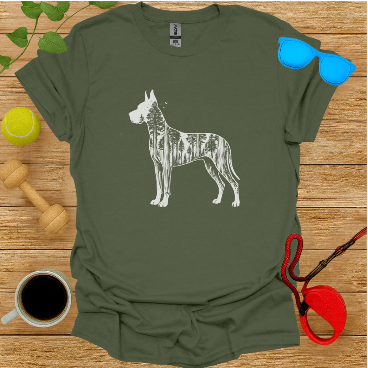Dog with Forest Graphic on Green Stylish Shirt