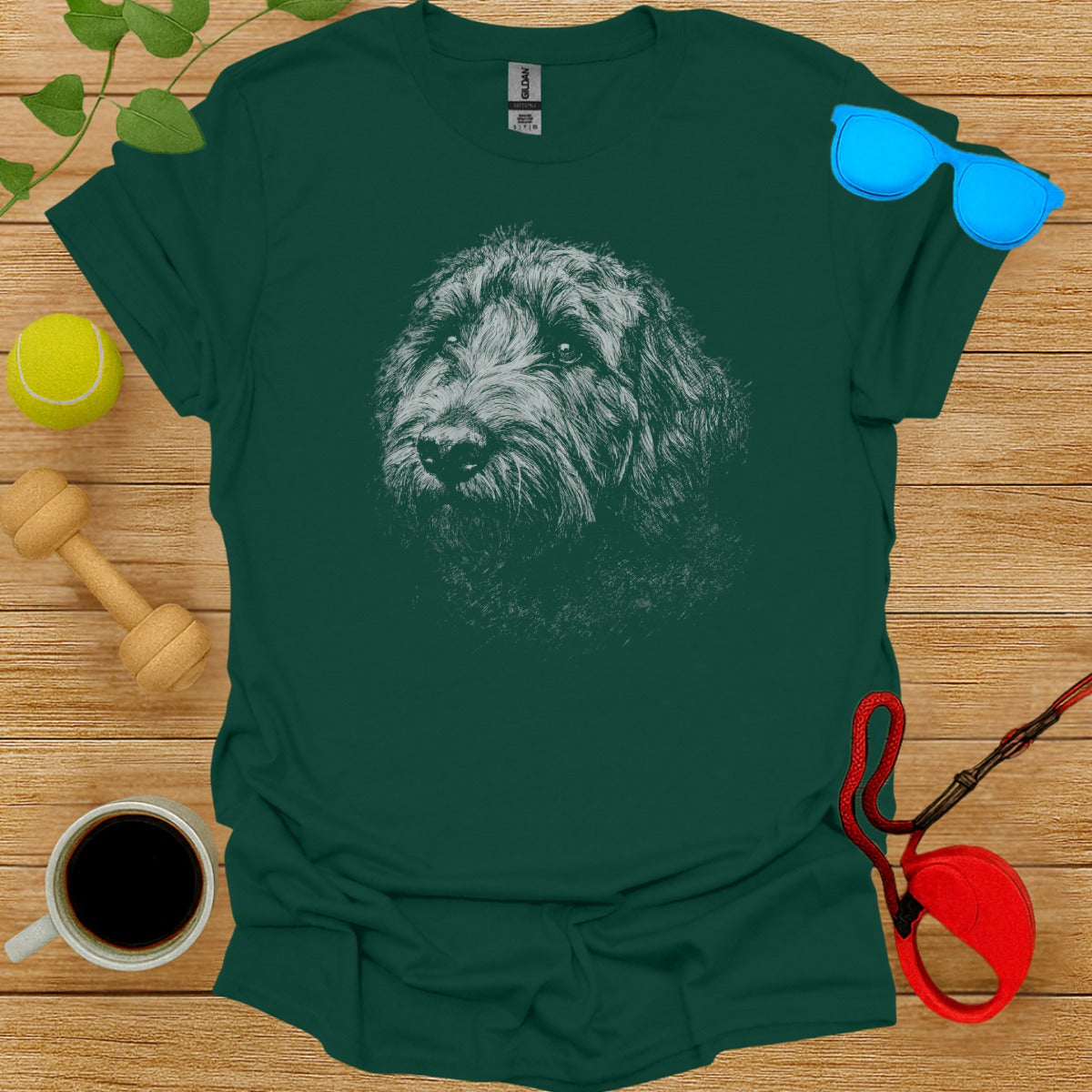Green T-shirt with Hand-Drawn Dog Illustration
