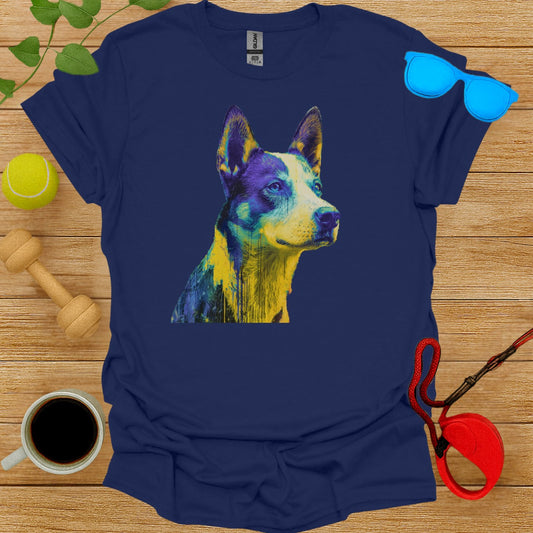 Vibrant Abstract Dog Design on Navy Blue T-Shirt