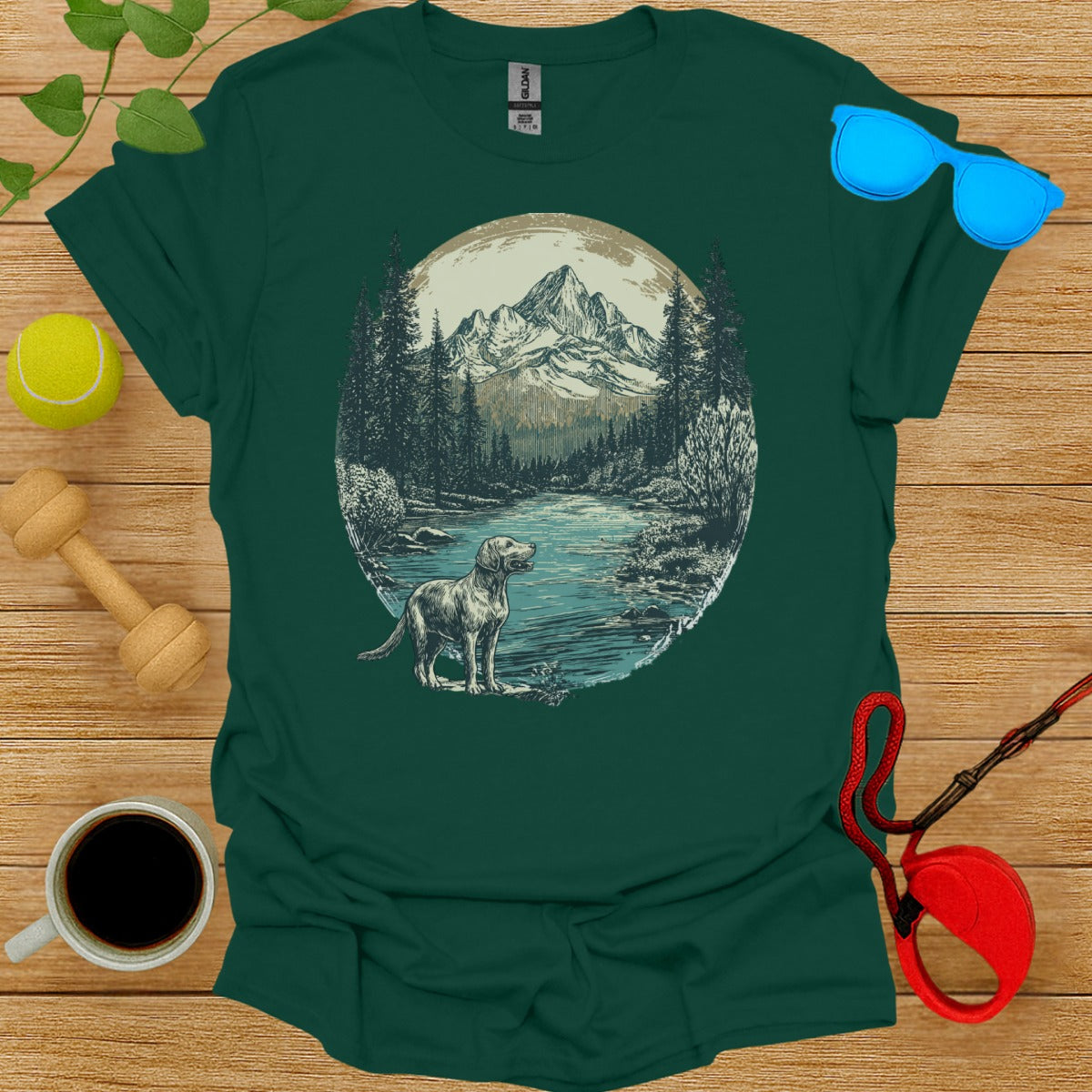 Scenic Dog and Mountain Artwork on Green Shirt