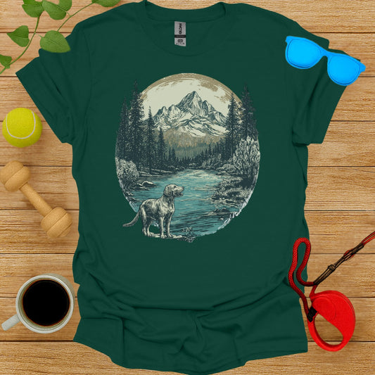 Scenic Dog and Mountain Artwork on Green Shirt
