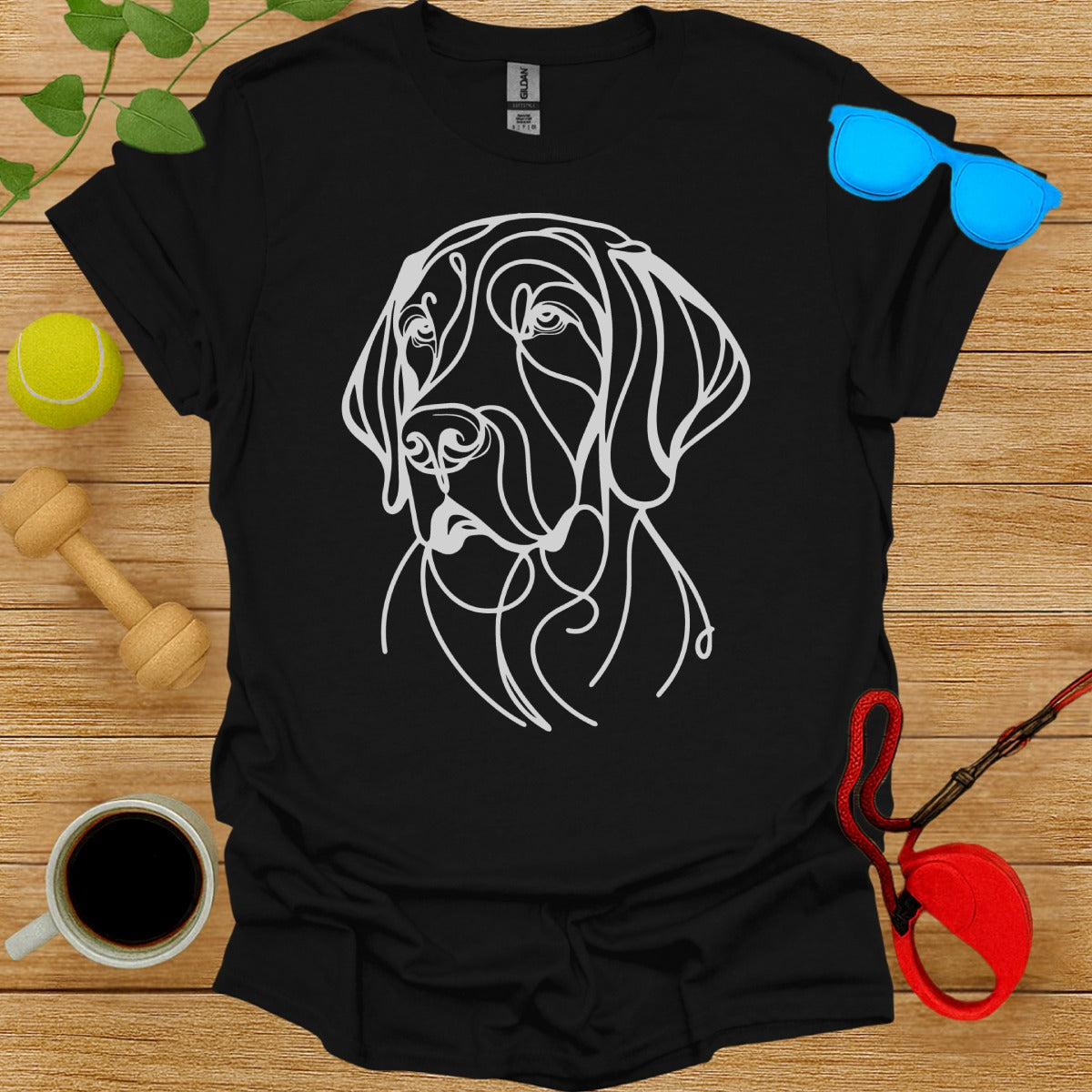 Artistic Dog Line Drawing Design on Black T-shirt