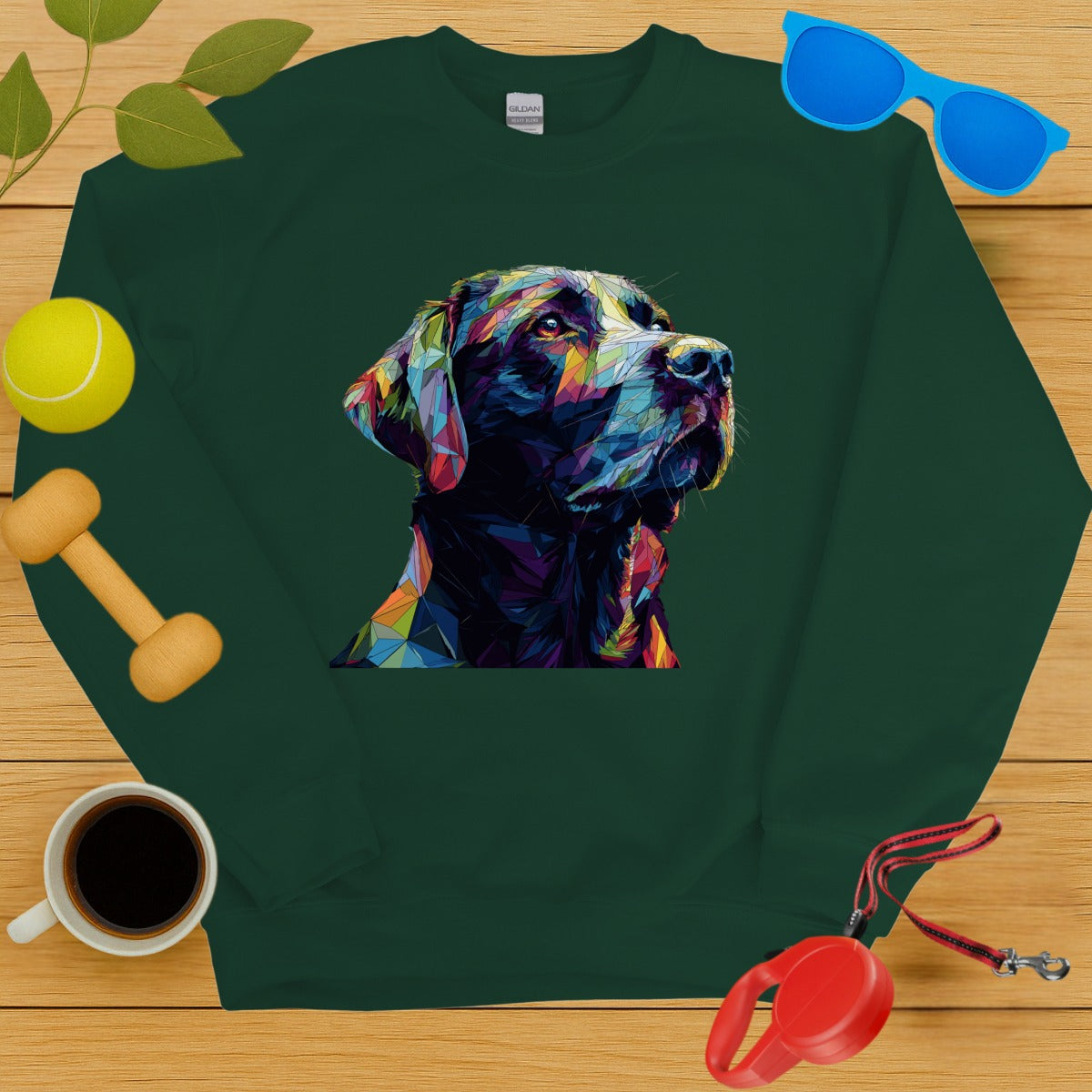 Colorful Geometric Dog Art on Green Sweatshirt
