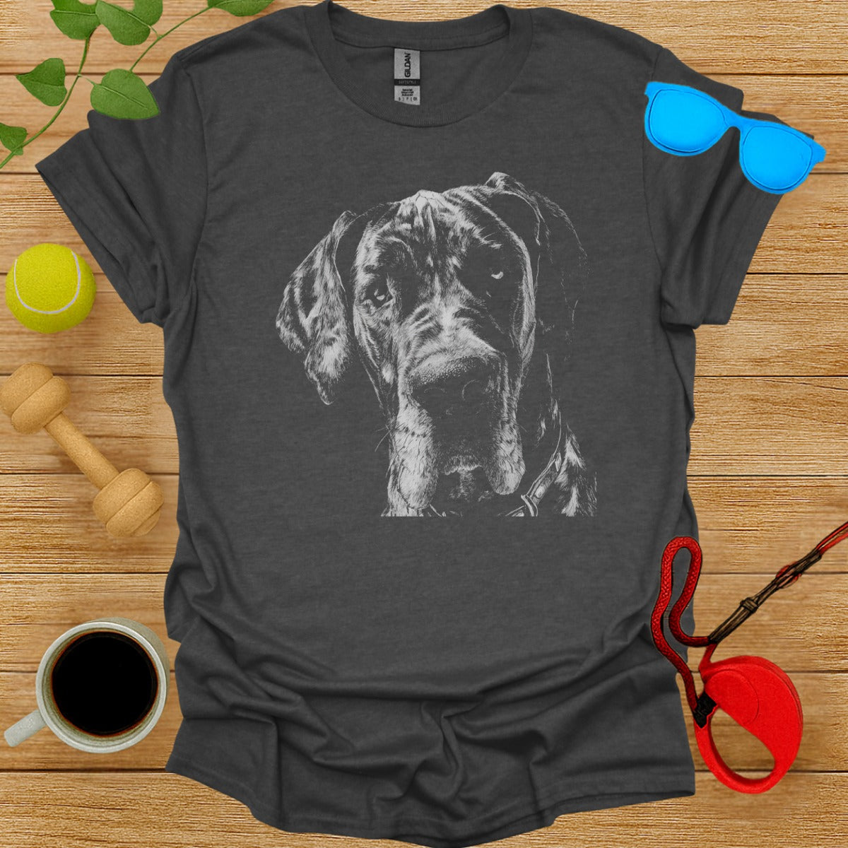 Gray T-shirt with Dog Portrait Drawing Design